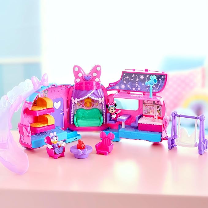 Disney Junior Minnie Mouse Bows-A-Glow Rolling Glamper 13-piece Figures and Playset, Kids Toys for Ages 3 Up, Amazon Exclusive by Just Play