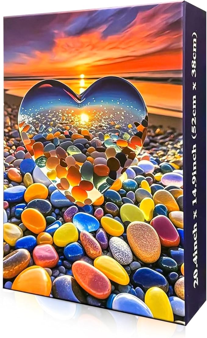 500 Piece Jigsaw Puzzle for Adults Heart-Shaped Sunset Beach Pebbles Colorful Stones Scenic Ocean View Puzzle Challenging 500pc Art Puzzle for Adults & Families (20x15 Inches)