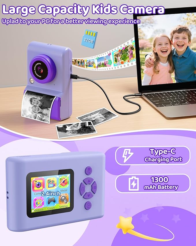 Kids Camera Instant Print, 20MP 1080P Video Instant Print Camera for Kids with 32GB SD Card, 240 Photos Printing, Face Recognition, ABS Durable, Christmas Birthday Gifts for Ages 3-12