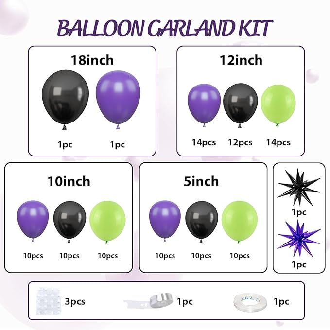 Black Purple Green Balloon Arch Kit, Star Foil Balloons for Kids Boy Monster Theme Birthday Decorations Baby Shower Wedding Anniversary Engagement Graduation Celebrations Party Supplies