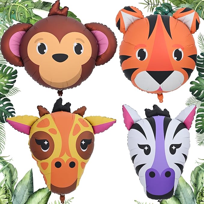 4pcs Large Jungle Safari Animal Balloons (23–34 In), Tiger Giraffe Zebra Monkey Head Foil Balloons for Kid Boys Jungle Safari Theme Birthday Party Wild One Zoo Woodland Baby Shower Party Decorations