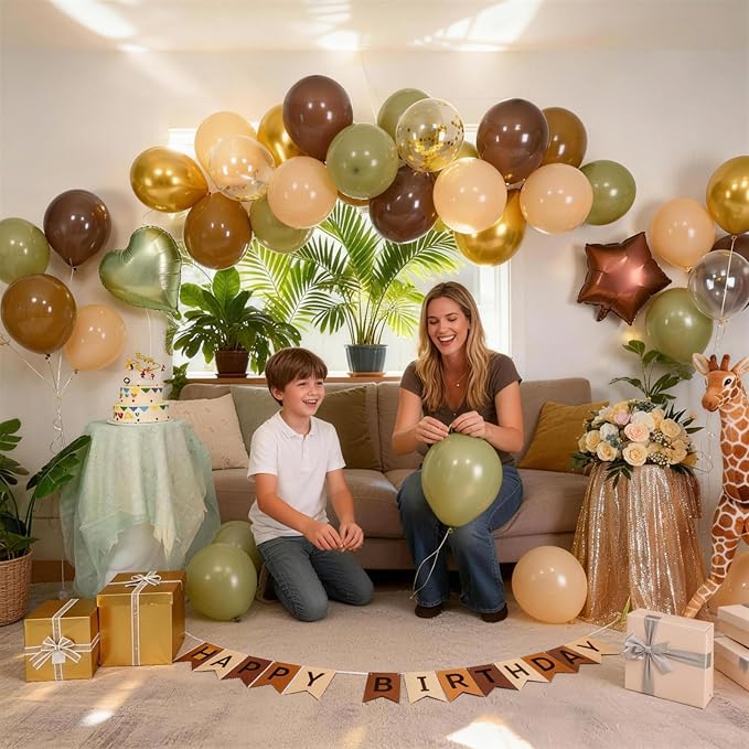 Sage Green Brown Birthday Decorations,Coffee Nude and Gold Jungle Safari Balloons Camo Army Woodland Forest Hunting Birthday Party Decorations Animal Theme Kids Birthdays Decor