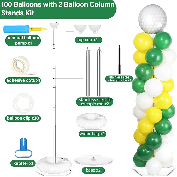2 Sets Golf Ball Balloon Column Stand Kit with 102 Balloons Sport Themed 5.57ft Adjustable Balloon Tower Stand with Bases Golf Ball Balloons Arch Column for Men Retirement Birthday Party Supplies
