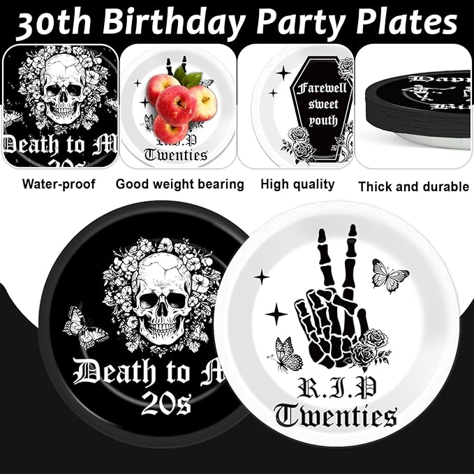 CHUNNIN 48Pcs Gothic Death to My 20s Party Paper Plates 30th Birthday Themed Party Supplies 7" Death to My Twenties Party Rip to My 20s Disposable Plates for 30th Birthday Party Decorations