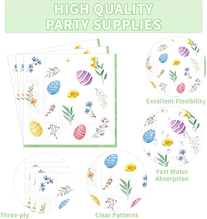 150Pcs Easter Bunny Party Decorations Easter Bunny Eggs Heavy Duty Large Oval Paper Plates and Napkins Spring Disposable Tableware Set for Rabbit Holiday Baby Shower Birthday Party Supplies Serves 50