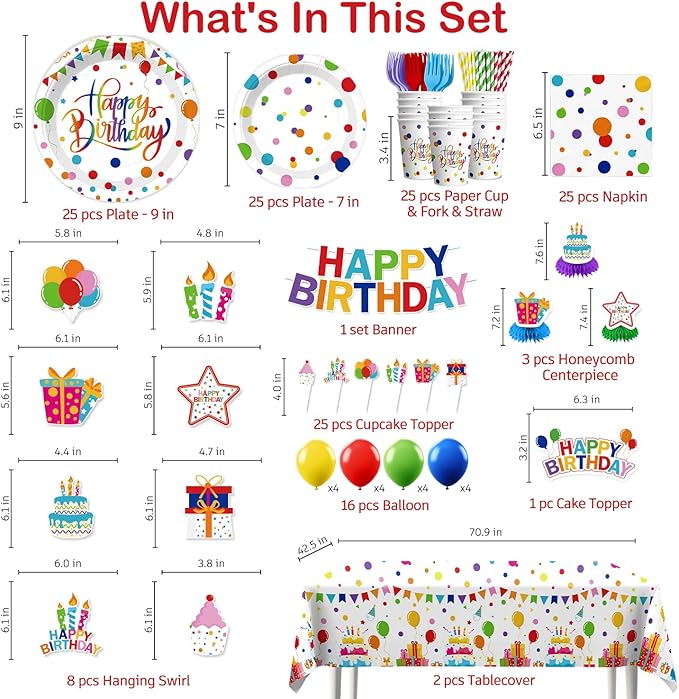 Xynic 214 PCS Colorful Happy Birthday Decorations, Colorful Dots Party Supplies With Banner, Cake Topper, Plates and Napkins, Happy Birthday Decorations for Boys and Girls, Serves 25 Guests