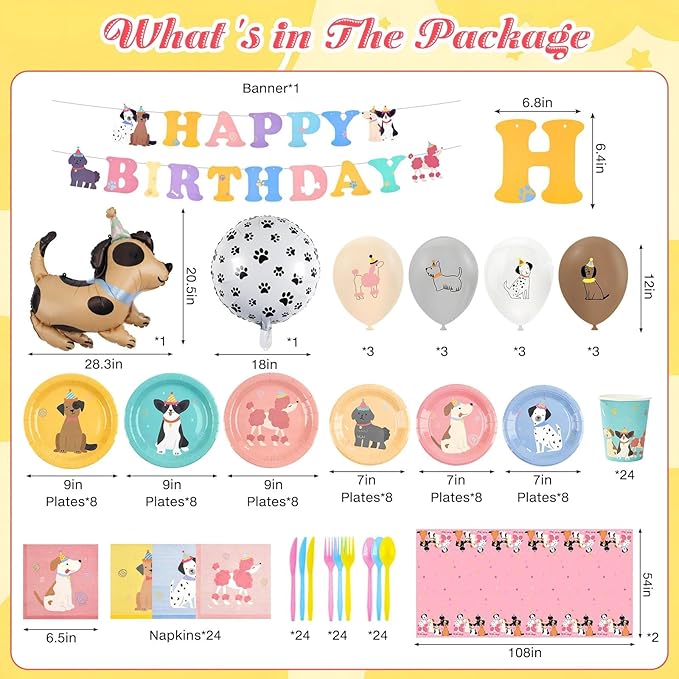 185 Pcs Pet Dog Birthday Party Decorations, Pet Dog Birthday Party Supplies Retro Puppy Themed Paper Plates Napkins Disposable Vintage Dog Tableware Set Serves 24, for Kids Birthday Baby Shower Decor