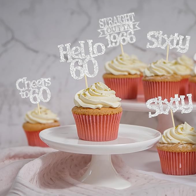 Ephlyn 24Pcs Happy 60th Birthday Cupcake Toppers Glitter Straight Outta 1966 Cupcake Picks Hello 60 Cheers to 60 Years Birthday Cake Decorations for 60th Birthday Anniversary Party Supplies Silver