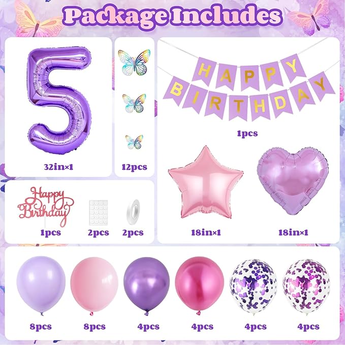 5th Pink Purple Birthday Decorations,Pink Purple 5th Birthday Balloons for Girls Lavender Party Decor Banner Number 5 Balloons Cake Topper Butterfly Party Decorations for 5 Year Old Girls