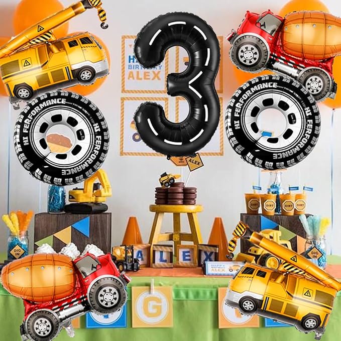 3rd Birthday Decorations for Boys Construction Balloons 40inch Number 3 Balloons Truck Foil Balloon for Construction Birthday Party Decorations Supplies