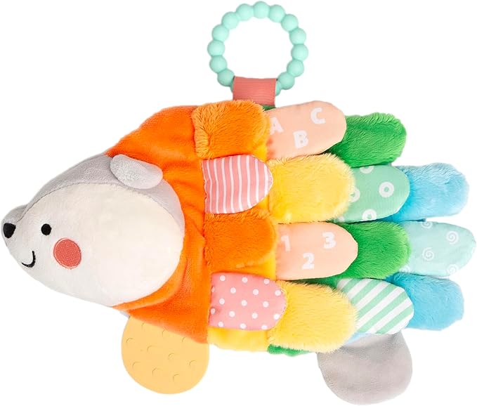 Pearhead Hedgehog Montessori Sensory Toy, Soft Plush Lovey with Crinkle Tabs and Silicone Teether for Babies 0m+, Early Development Easter Basket Gift