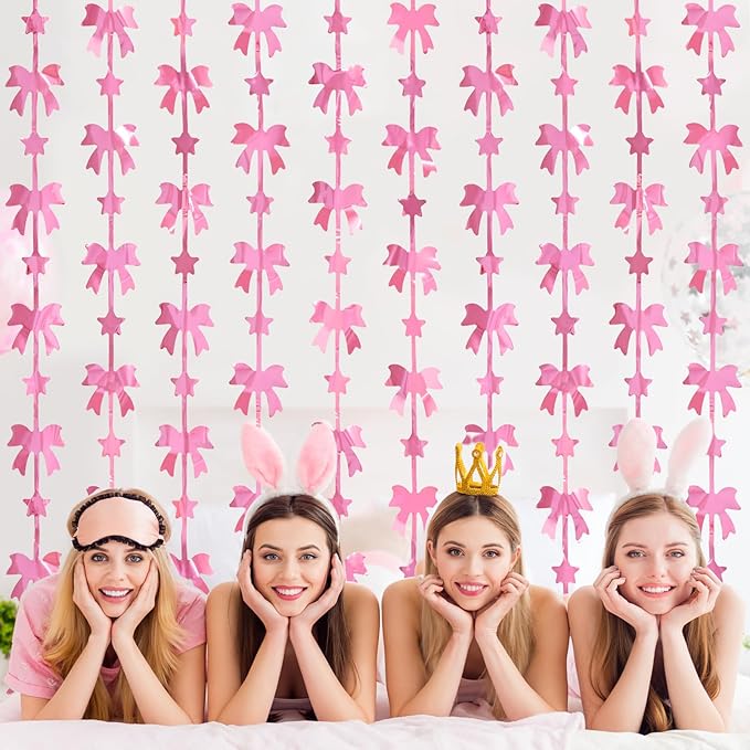 Bow Party Decorations, 2 Pack Pink Coquette Birthday Party Supplies, 3.3 X 6.6 ft Foil Fringe Curtains, Pink Bow Photo Booth Props Backdrop for Girls, Baby Pink, Bridal Shower Party Decor