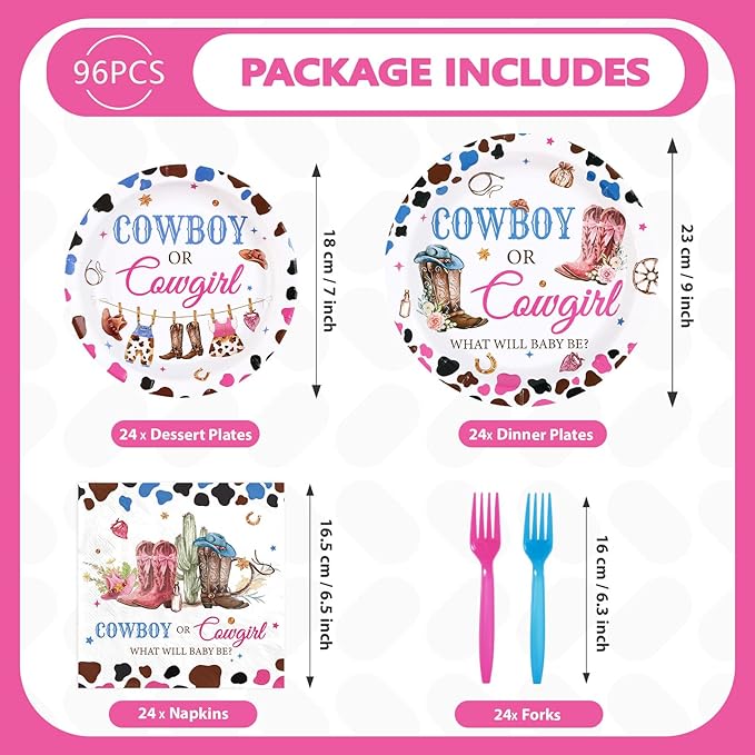 Grencian 96Pcs Western Gender Reveal Decorations Cowboy or Cowgirl Gender Reveal Plates and Napkins Boy or Girl Paper Tableware for Western Rodeo Cowboy or Cowgirl Baby Shower Decorations, Serves 24
