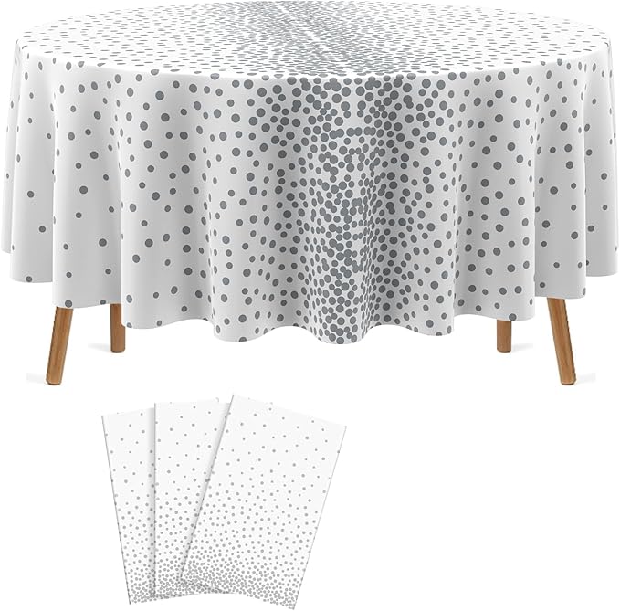 VitalCozy Round Dot Tablecloth 84 Inch Plastic Table Cover Polka Dot Confetti Tablecloths for Easter 2026 Graduation Prom Wedding Birthday Spring Party Supplies(White and Silver,3 Pcs)