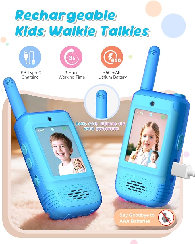 Video Walkie Talkies for Kids, Christmas Birthday Gifts Toys for Boys 3 4 5 6 7 8 Age, Kids Intercom with Video & 3 Voice Effects，Indoor Outdoor Toys Backyard, Camping, Hiking (Blue)