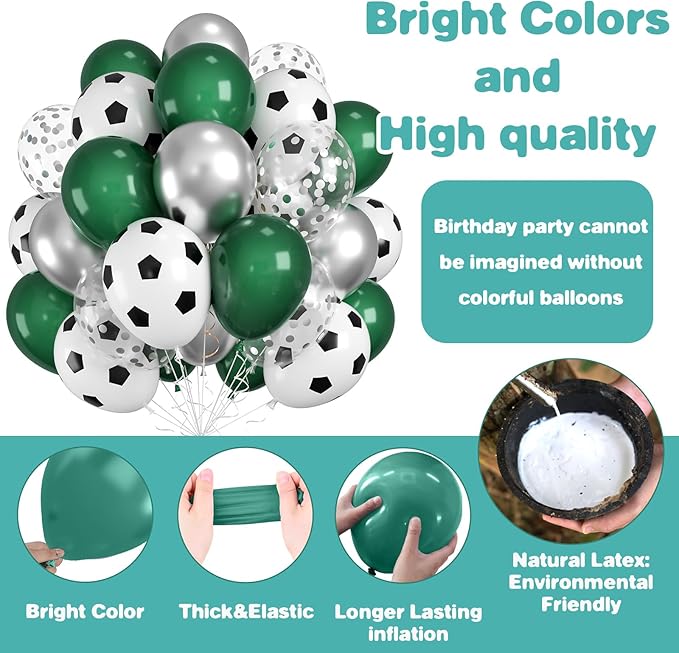 Green Silver Football Balloons - 12 Inch Printed Latex for Boys Baby Shower Soccer Sports Party Decorations