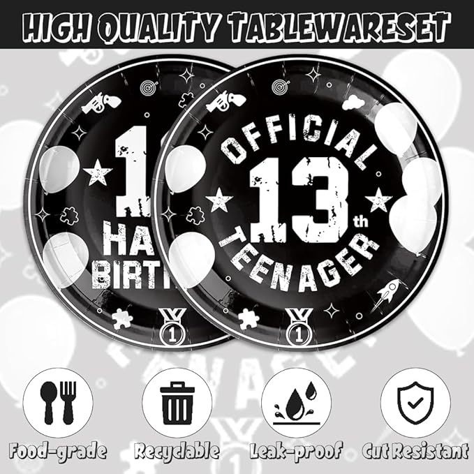 40Pcs 13th Birthday Decorations for Boys Black and Silver Plates and Napkin Set for Boys Teenager Party Decor 13th Birthday Party Decorations