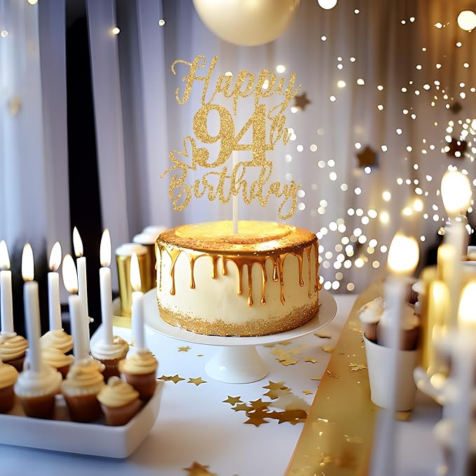 Happy 94th Birthday Cake Topper, 94th Birthday Decorations for Men/Women, Cheers to 94 Years, 94 Fabulous, 94th Happy Birthday Party Supplies Gold Glitter