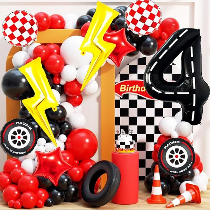 Race Car Birthday Party Decorations Large Lightning Bolt Foil Balloons Race Car Balloons 40 Inch Racetrack Number 4 Balloon for Boys 4th Race Car Birthday Party Decor Supplies