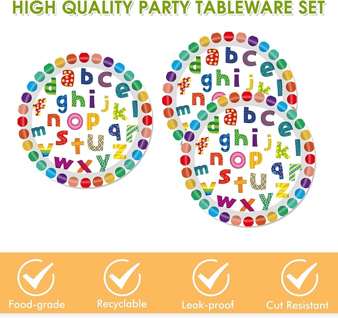40PCS Alphabet Number Party Supplies Rainbow Alphabet Disposable Party Decor Included Alphabet Plates Napkins Back to School Decorations for Baby Shower Kids Birthday Alphabet Number Games