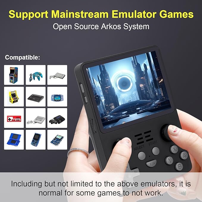 Powkiddy RGB20S Handheld Game Console, 3.5 Inch IPS Screen, 15,000 Built-in Games, 64GB, White, Linux Platform, Battery Powered (Black)