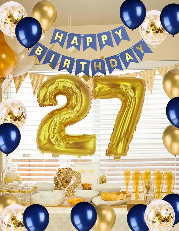 27th Birthday Party Decorations Navy Blue, Blue Birthday Banner Number 27 Foil Confetti Balloons for 27 Year Old Men Him Her Boyfriend Party Balloons Supplies(27th)