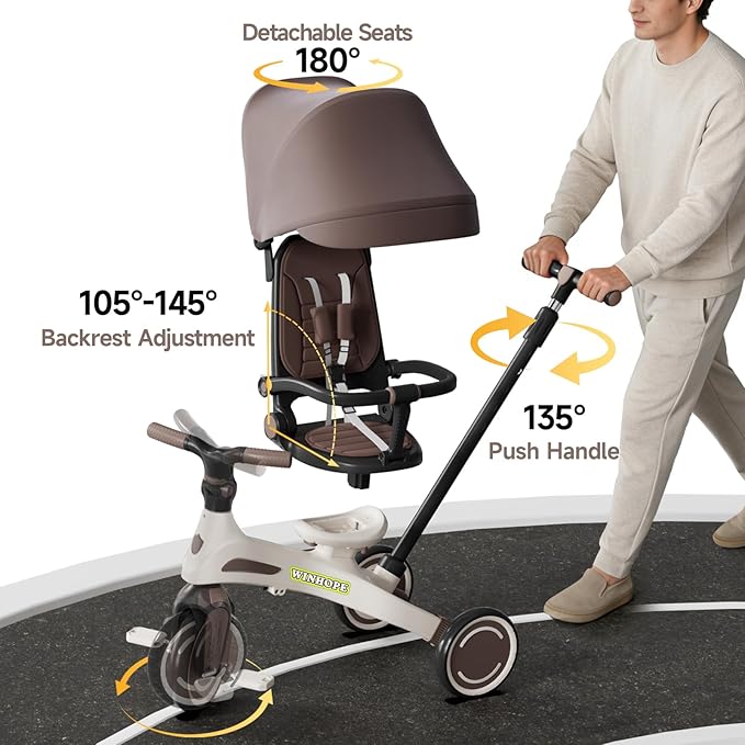 Winhope Kids Tricycle, 6 in 1 Baby's Tricycle Toddler Trike with Adjustable Push Handle, Reversible Seat and Canopy, Baby Stroller for 1-6 Year Olds, Suitable for Outdoor Activities(Coffee)