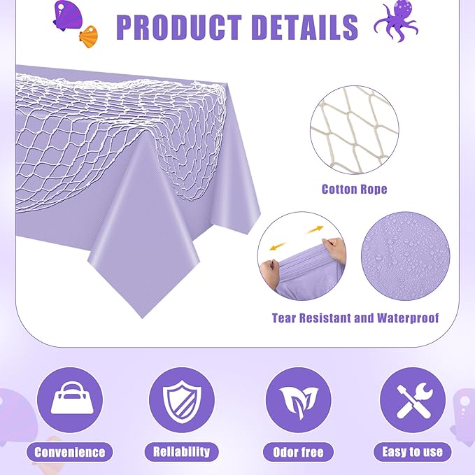 Unittype 6 Pcs Fish Net Decorative and Tablecloth Set, Cotton Fishnet and Plastic Table Cover Decorations Set for Nautical Themed Party Baby Shower Pirate Decorations Mermaid Party(Light Purple)