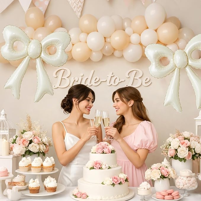 4 Pcs Cream Bow Balloons, 31”Huge Beige Bow Aluminum Foil Balloons for Birthday, Baby Shower, Wedding, Bridal, Engagement, Bachelorette, Gender Reveal, Princess Party Decorations Supplies