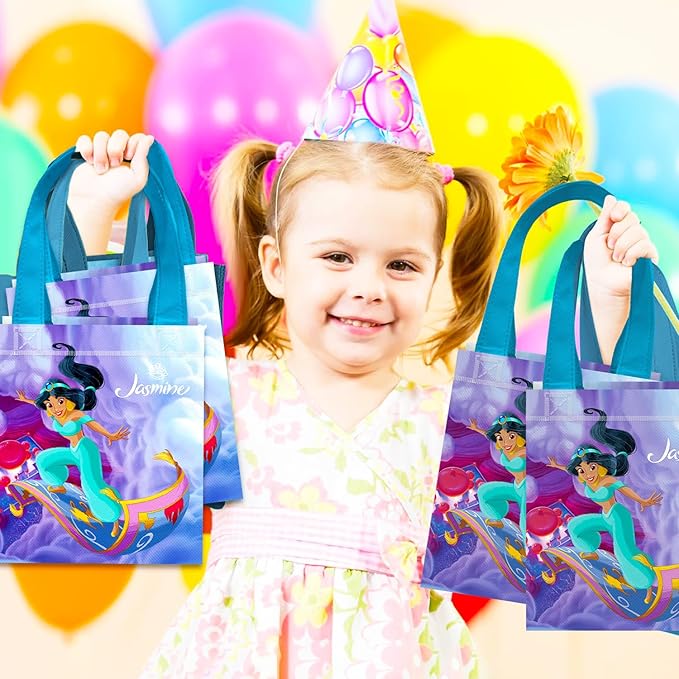 Princess Jasmine Party Favor Bags Set – 24 Pack 8" Aladdin Goodie Bags for Kids Bulk Reusable Mini Totes | Disney Princess Jasmine Birthday Party Supplies