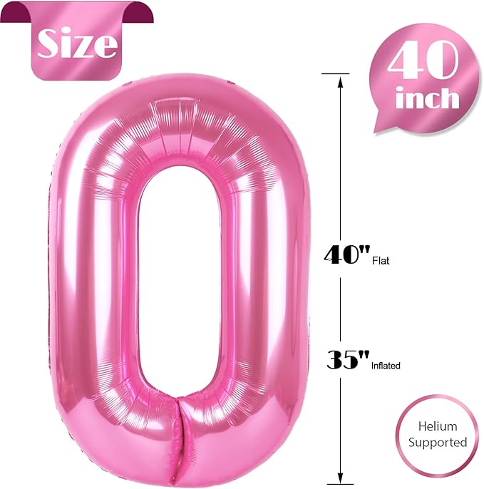 Pink Number Balloon 40 Inch, 0 Number Balloons, 10 20 30 40 50 Numbers Balloon Birthday Decorations, Party Supplies for Women