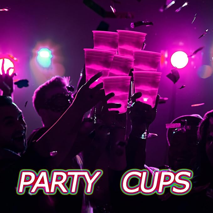 mishunyus 24 pcs Pink Glow-in-the-Dark Plastic Cup Set for Party Event Fun, 16 oz Cups, Wedding House Parties Birthdays Concerts Weddings BBQ Beach Holidays