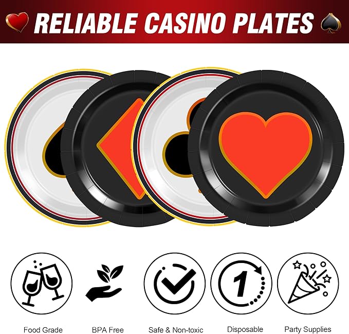 48Pcs Casino Party Supplies 7" Casino Plates Disposable Paper Plates Las Vegas Party Decorations for Birthday Poker Night