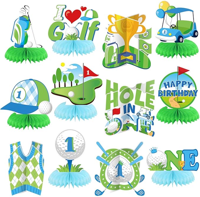 12 Pcs Golf Birthday Party Decoration 1st Hole in One Honeycomb Table Centerpieces Green White Golf Table Decoration Topper Birthday Party Favors Supplies