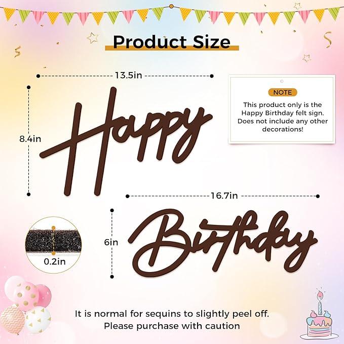 Babenest Brown Felt Happy Birthday Sign - Reusable Strong Adhesion Banner for Backdrop, Balloon Arch Decor, Party Supplies Reception Party Baby Shower Decorations