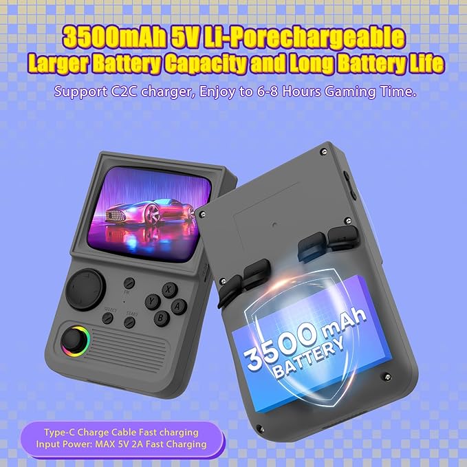 R36T Retro Gaming Console, 3.5'' IPS Screen CRT-Inspired, Handheld Game Console with 22000+ Classic Games Supports WiFi Networked Fighting and OTG, 3500mAh Battery, with Portable Case(Grey 128GB)