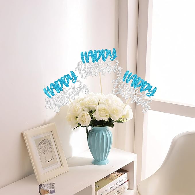 Gyufise 12Pcs Happy Birthday Centerpieces Sticks Double Sided Glitter Birthday Party Decorations Anniversary Table Flower Centerpiece for Celebrating Party Supplies Blue Silver