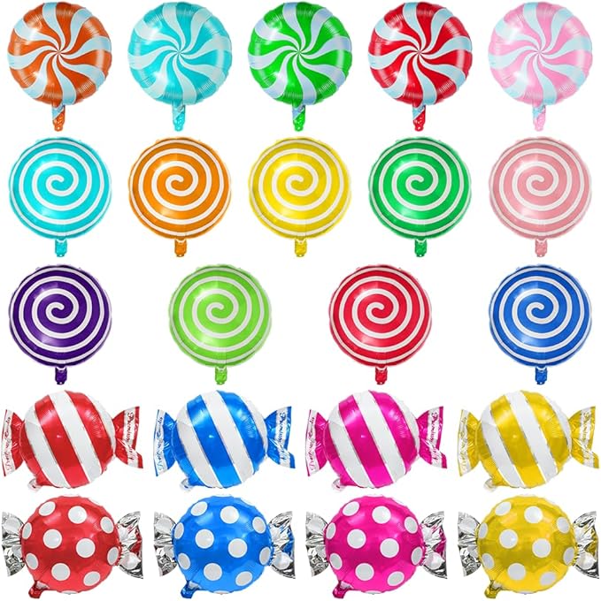 Candies Balloon Candyland Party Decoration For Sweet Shop Birthday Wedding Baby Shower Photo Backdrop, 22 Pack Candy Lollipop Balloons (8 Sweet Candy Balloon +14 Windmill Swirl Round Lollipop Balloon)