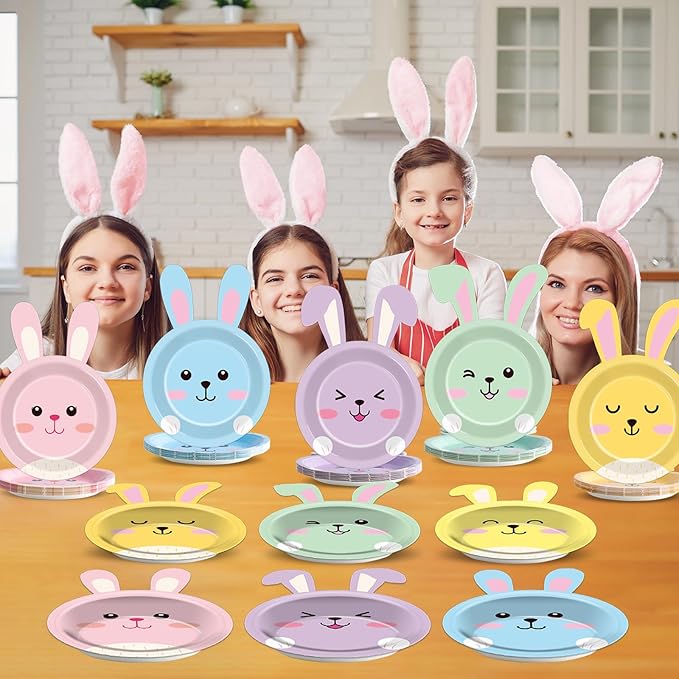 48pcs Easter Bunny Paper Plates Rabbit Tableware Decorations Spring Easter Bunny Shaped Dinnerware Set Rabbit Paper Plates Disposable 7 Inch Dessert Dinner Plates for Party Supplies Decoration