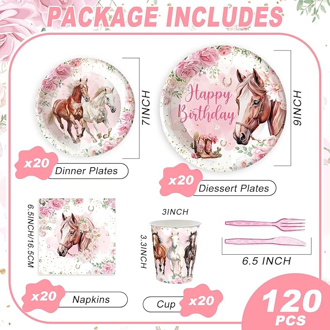 120PCS Cowgirl Horse Birthday Party Supplies Pink Western Horse Party Decorations for Girls Plates Napkins Party Supplies Serves 20 Guests