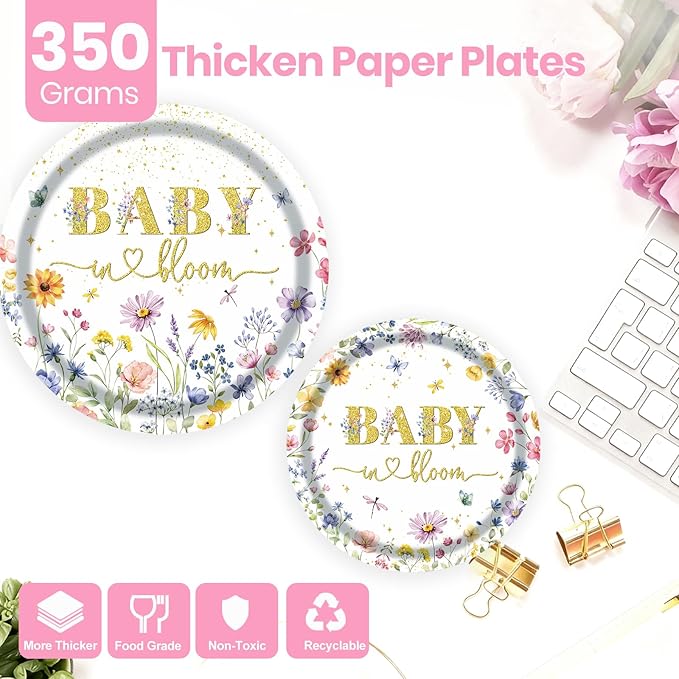 Wildflower Plates and Napkins Party Supplies - 350PCS Spring Floral Paper Plates Baby Shower Birthday Decorations Disposable Tableware Sets for Spring Summer Picnic Wedding Tea Party, Serve 50 Guests