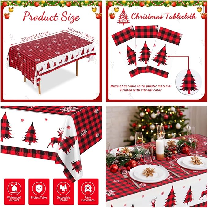 3PCS Christmas Tablecloth, Red and Black Buffalo Plaid Rectangular Plastic Christmas Tablecloth, Winter Snowflake and Reindeer Disposable Waterproof Table Cover for Party Dinner Decor, 51.2x 86.6inch