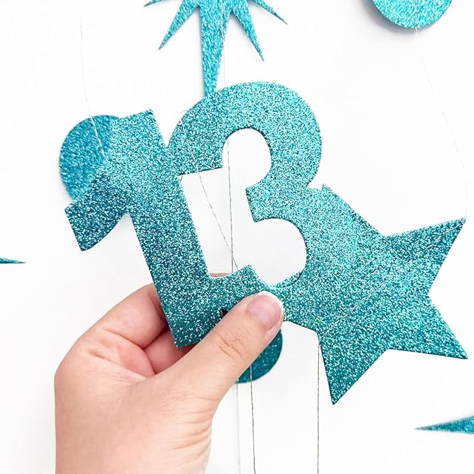 Teal Blue 13th Birthday Decorations Number 13 Circle Dot Star Garland Glitter Streamer Banner Backdrop for Girls Boys Official Teenager Cheers to 13 Years Old Birthday 13th Anniversary Party Supplies