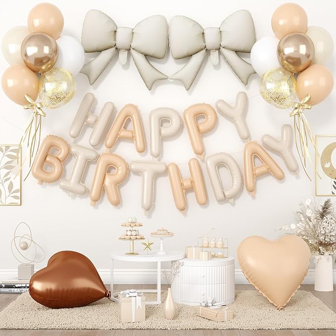 29PC Heart Bow Cream Happy Birthday Balloon Banner, 16Inch 3D Aluminum Letter Banner Sign, Apricot Brown Sand White Gold Confetti Balloons 18 Inch Apricot Foil Balloons for Bow Decorations