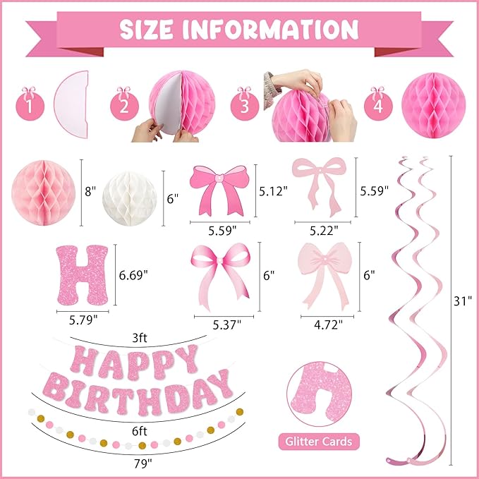 Amandir Pink Birthday Decorations for Girls Women, Glitter Happy Birthday Banner with Honeycomb Balls, Bow Hanging Swirls Streamers, Circle Dots Garland, Coquette Party Decorations