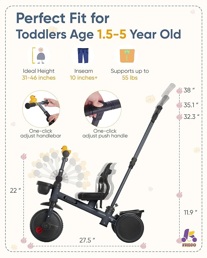 KRIDDO 2-in-1 Tricycle for Toddlers 1.5-5 Years, Push Tricycle with Parent Steering & Detachable Handle, 9-Stage Adjustable Handlebar, Toddler Trike with Safety Belt, Clutch Pedals & Dual Basket, Grey