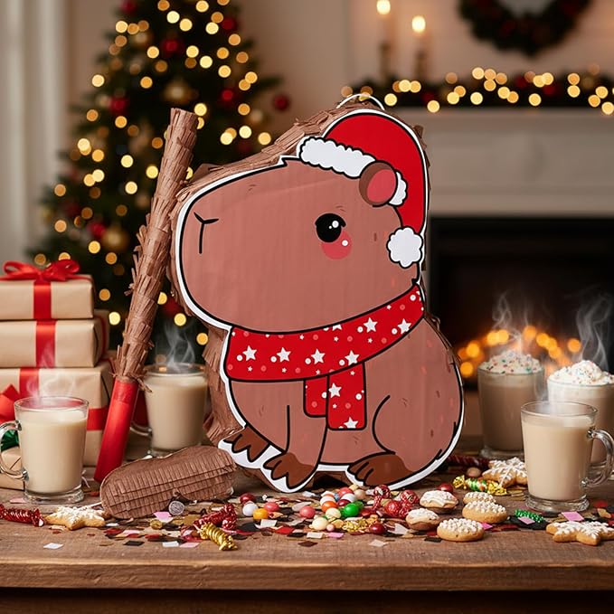 Christmas Capybara Piñata for Kids Birthday Party 15.7 x 10 x 2.8 Inches Santa Hat Animal Piñata with Bat Blindfold and Confetti for Baby Shower Photo Props Decoration