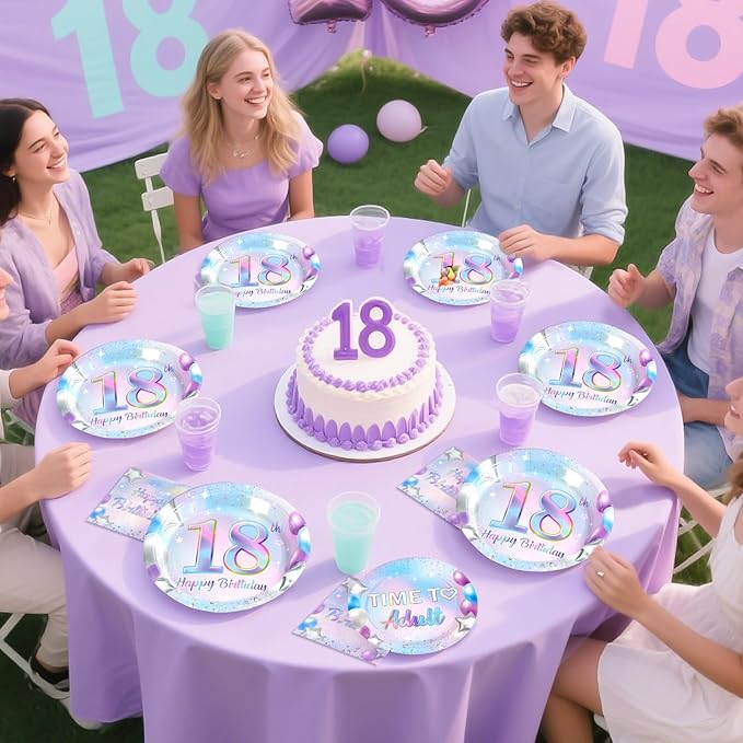 Grencian 96Pcs 18th Birthday Decorations Iridescent 18th Birthday Party Plates Disposable Happy 18 Bir-thday Paper Tableware Set for Teen Girls 18 Years Old Party Supplies Serves 24