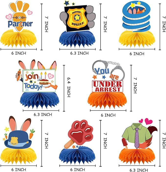 8Pcs Rabbits Fox Birthday Party Supplies for Zoo topia, Crazy Zoo Honeycomb Centerpieces Zoo Police Theme 3D Table Decorations