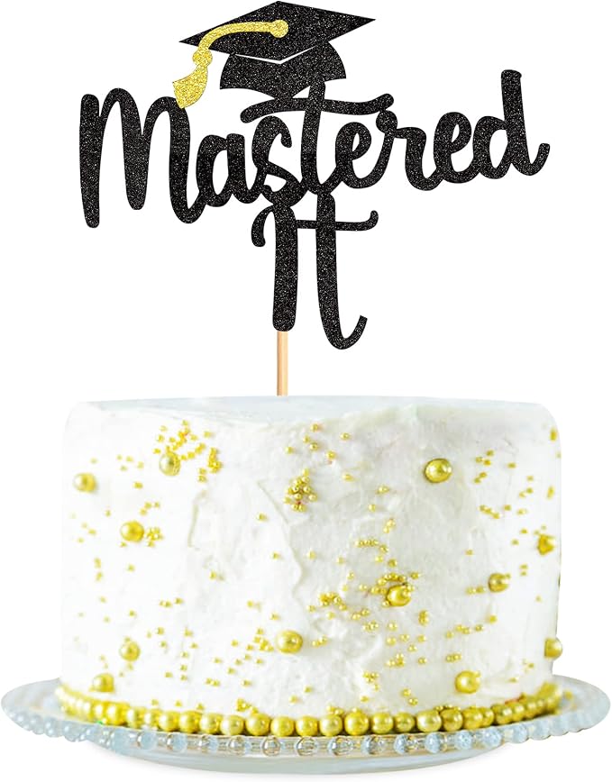 1Pc Black Glitter Mastered It Cake Topper, College Grad, Congratulations MBA Graduation Party Decorations Supplies